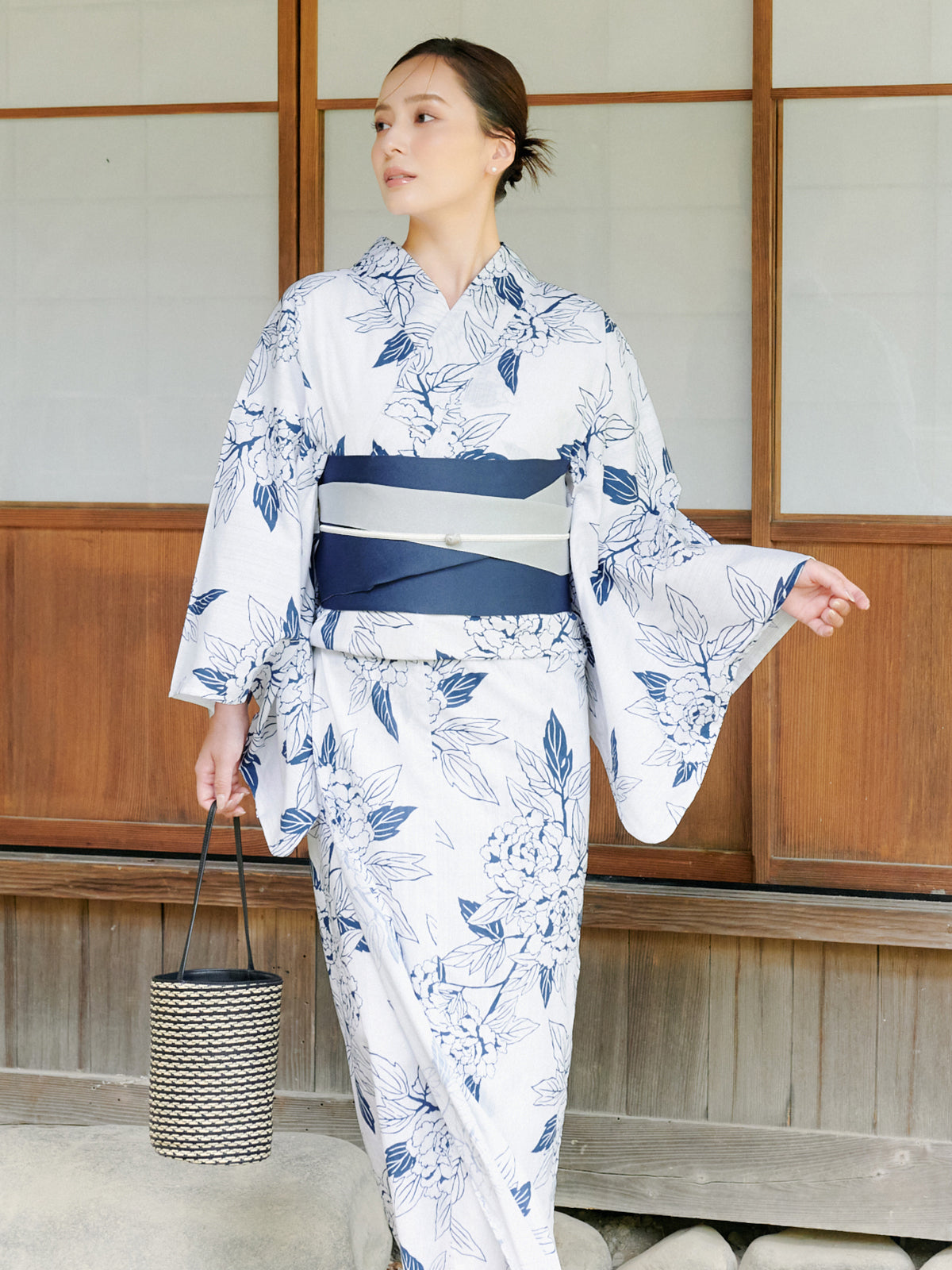 line art peony yukata set - WHITE