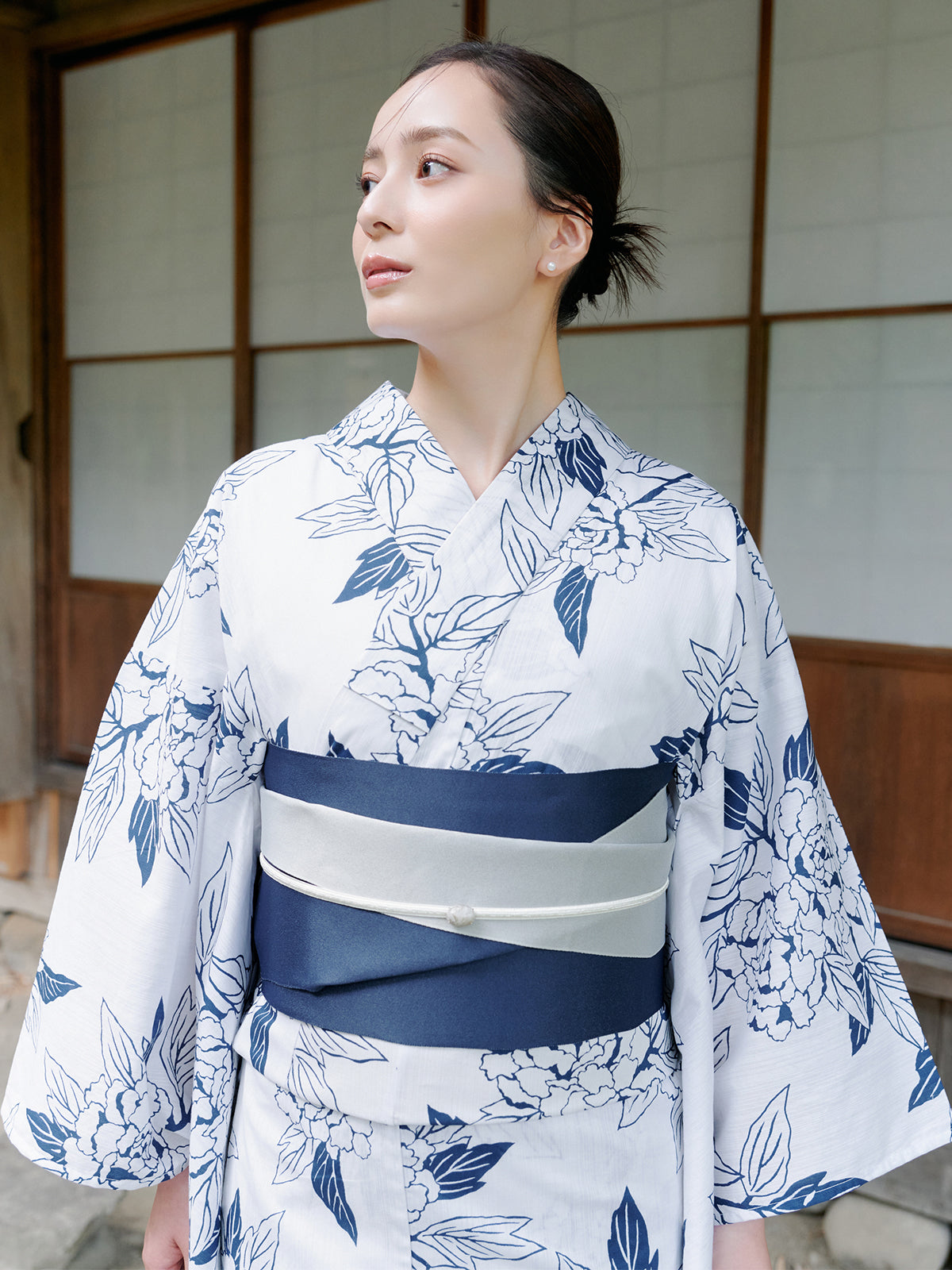 line art peony yukata set - WHITE