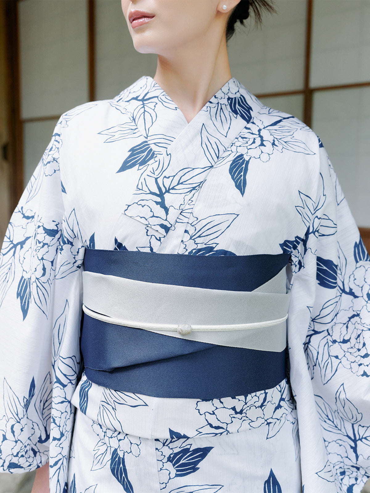 line art peony yukata set - WHITE
