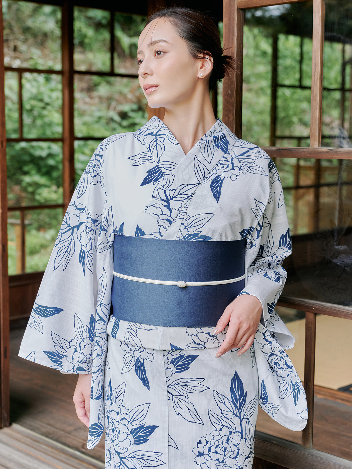 line art peony yukata set - WHITE