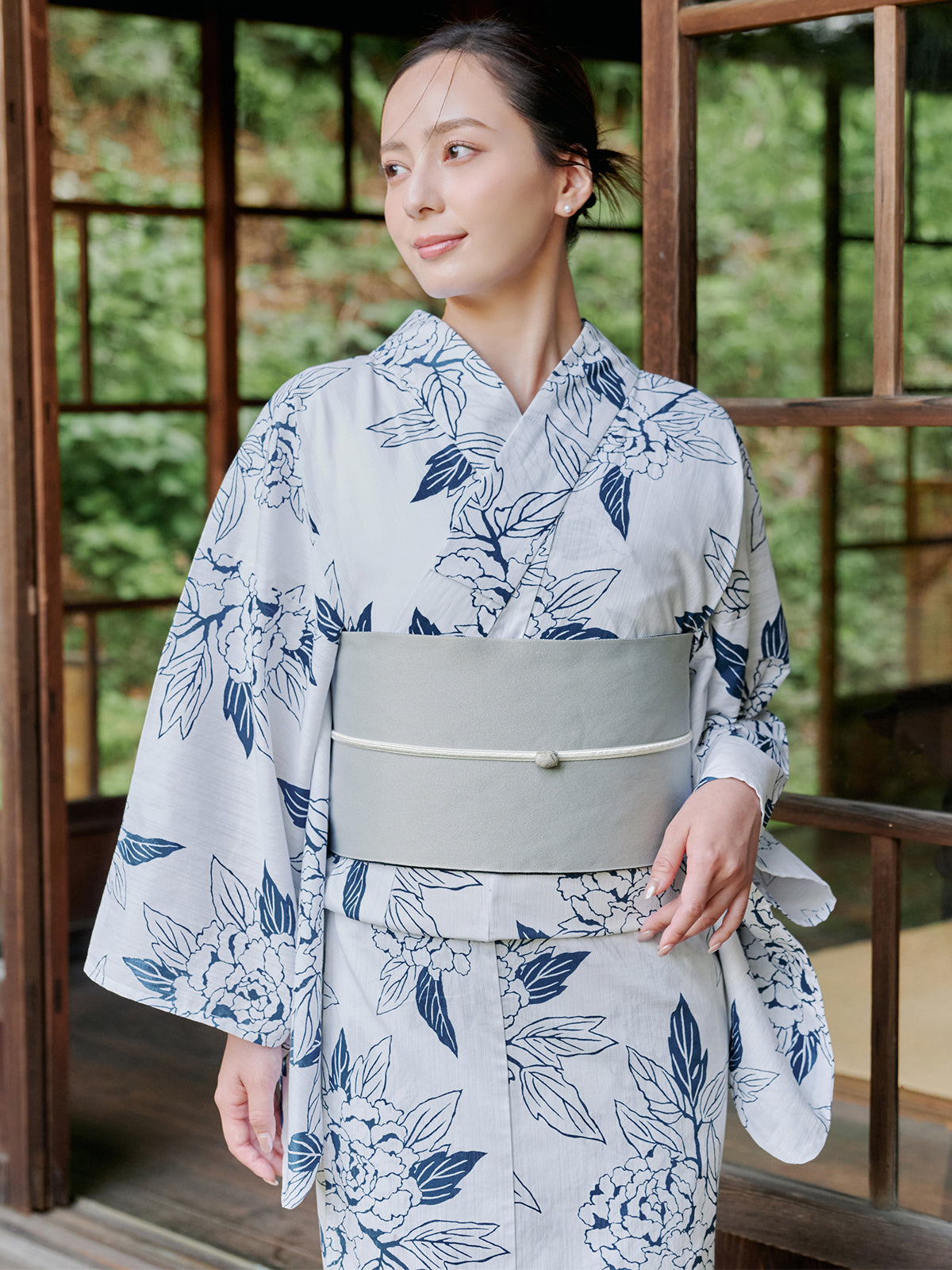 line art peony yukata set - WHITE