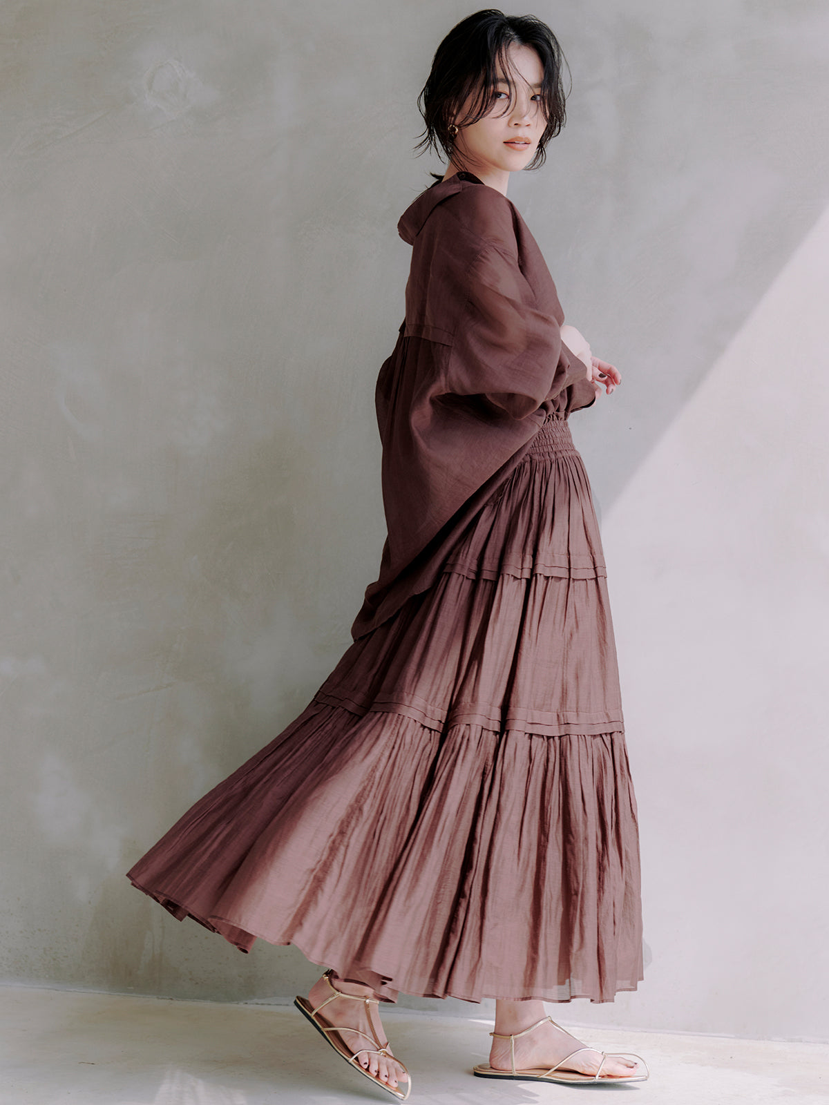 anuans Indiaシルクブレンドティアードスカート ホワイト Indiaシルクブレンドティアードスカート