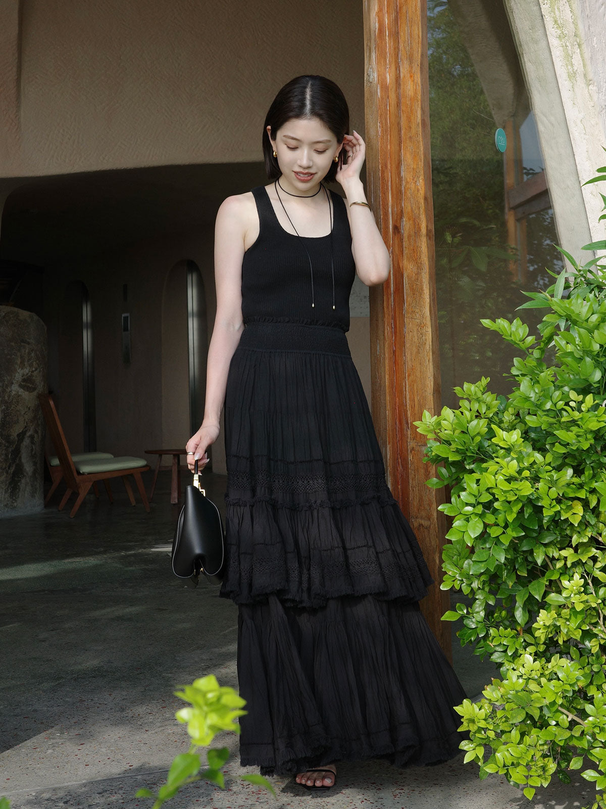 India 크링클 티어드 맥시 스커트