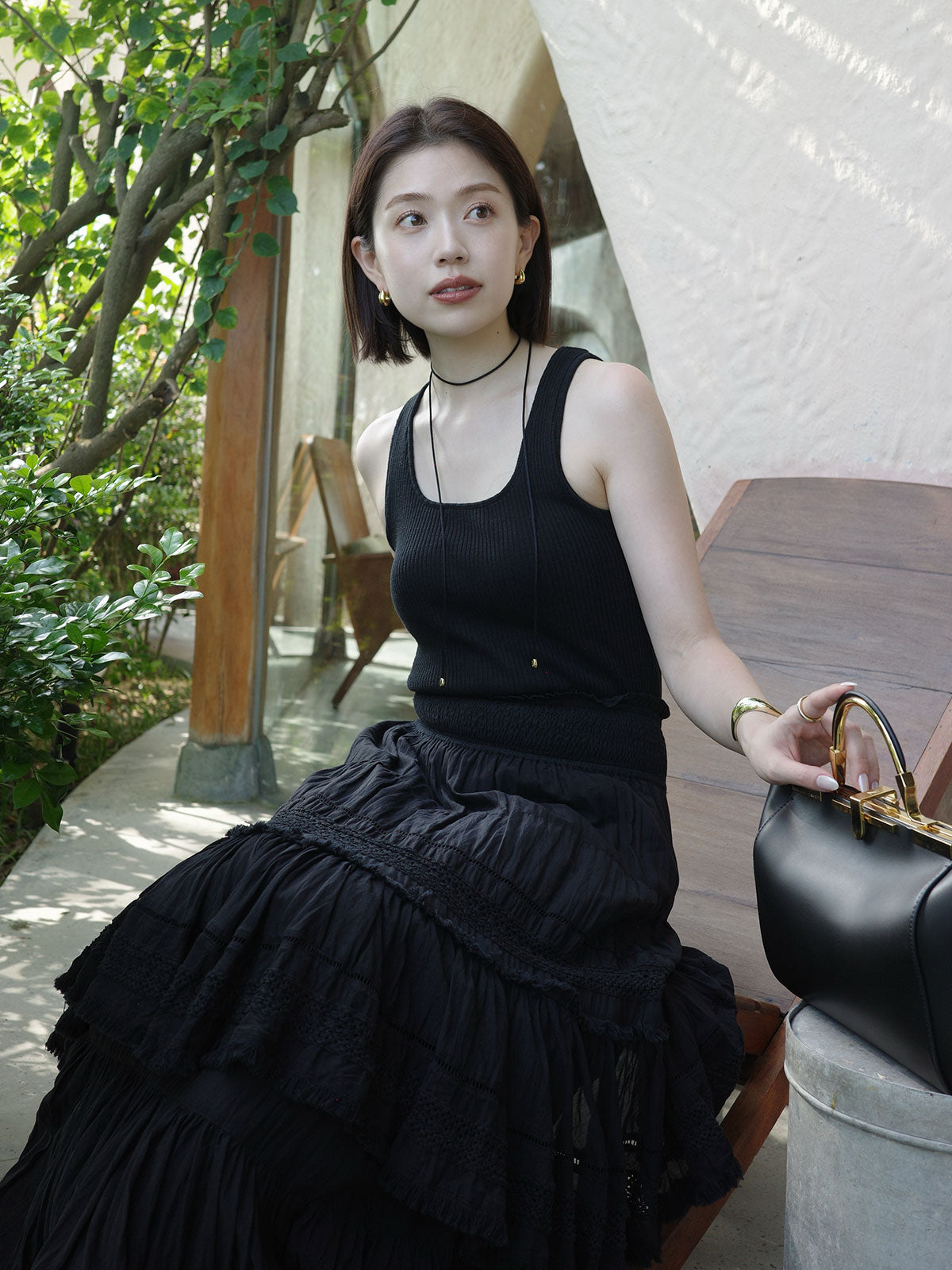 India 크링클 티어드 맥시 스커트