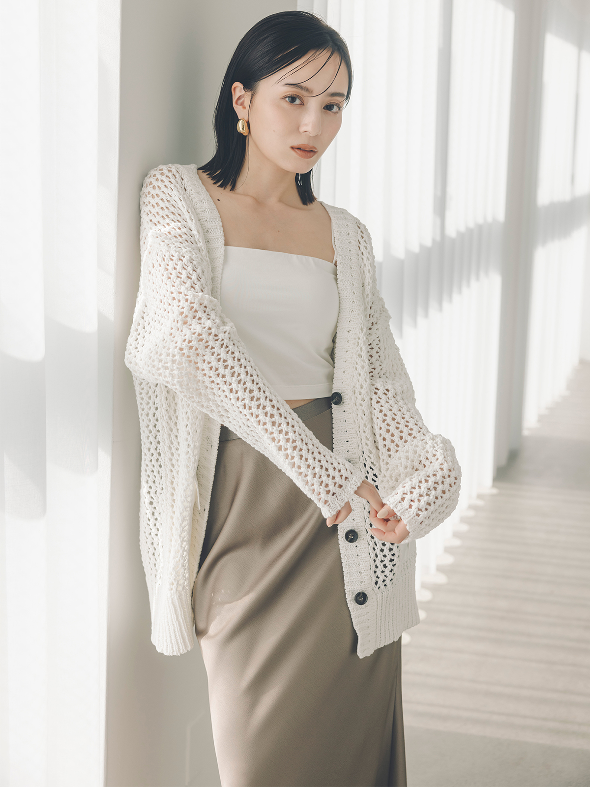 メッシュサファリニットカーディガン(F BLACK): トップスanuans
