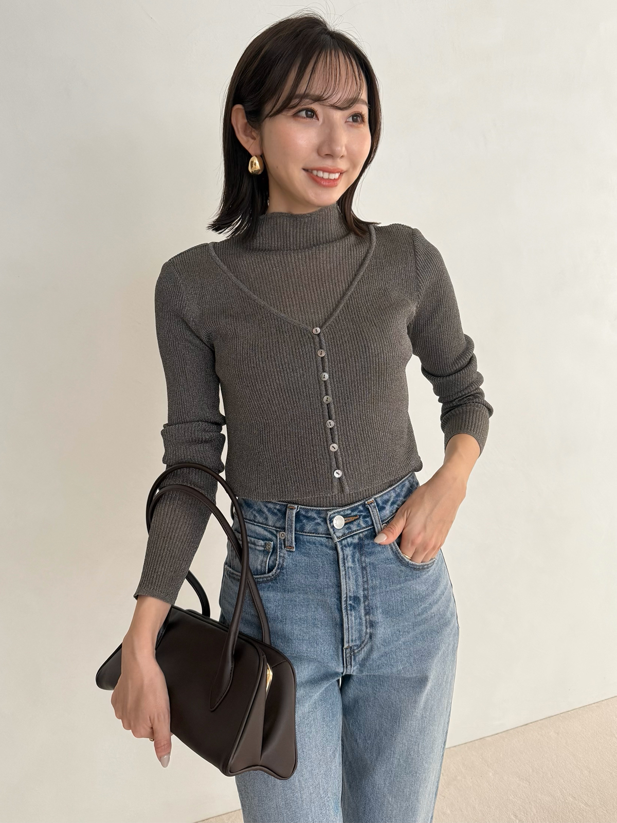 シアーラメリブニットカーディガン(F CHARCOAL): トップスanuans