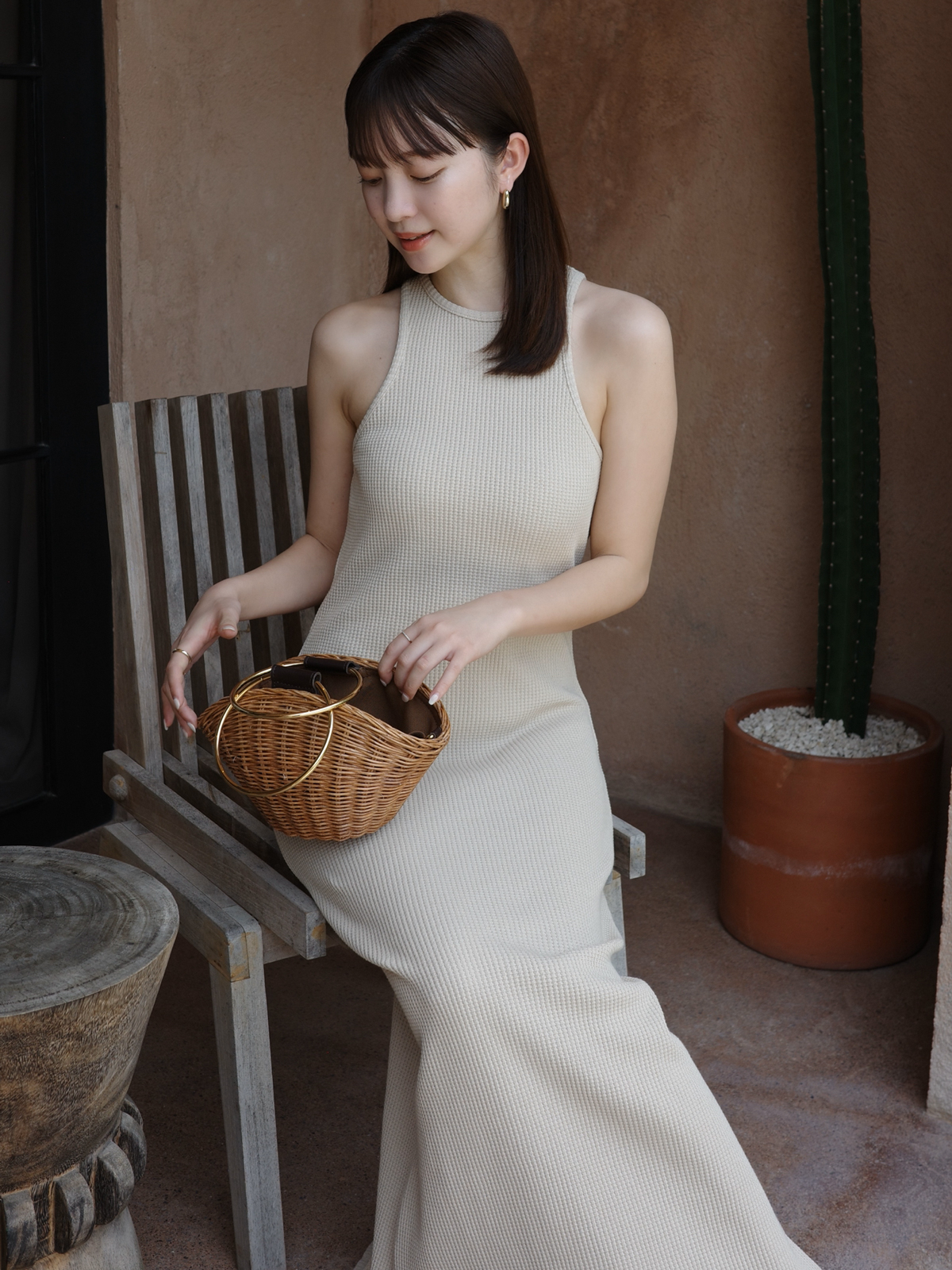 魅力の ワッフルナローワンピース(S BEIGE): ワンピースanuans ワンピース