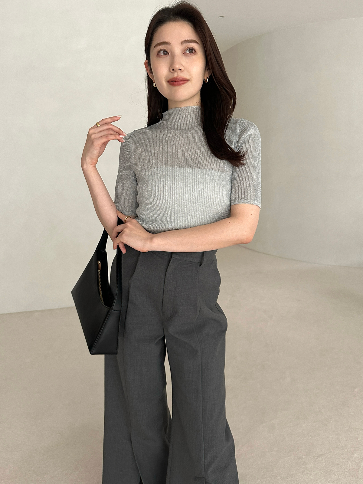 シアーラメリブニットトップス(F CHARCOAL): トップスanuans シアーラメリブニットトップス(F CHARCOAL): トップスanuans
