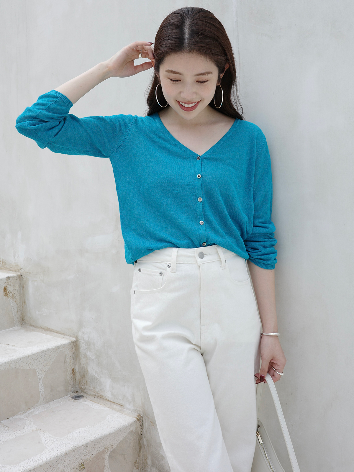 シルクブレンドベーシックニットカーディガン(F IVORY/BLACK