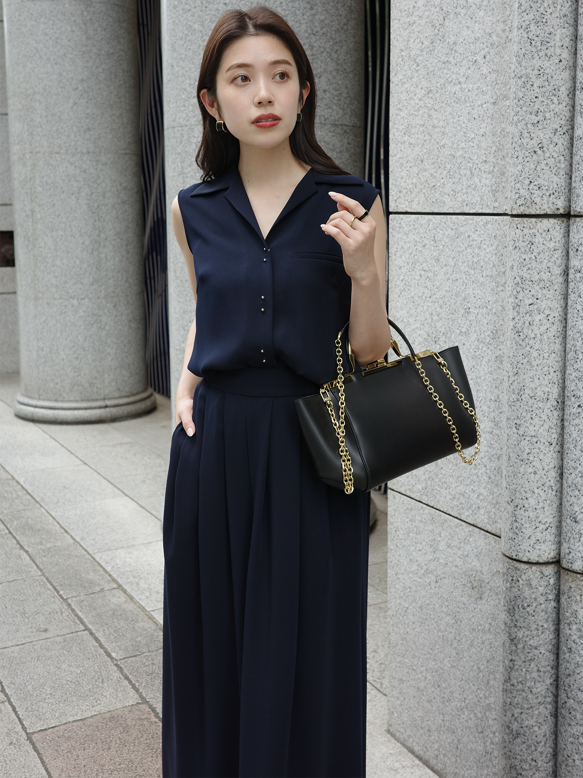 アニュアンス anuans ダブルサテンサイドタックパンツ （NAVY
